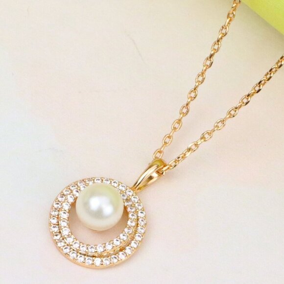 "Elegant Rose Gold Pearl Pendant Necklace with Double Halo Design, XPNL1902 - Picture 1 of 13